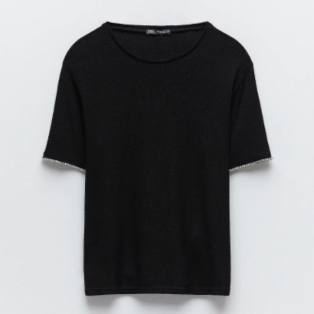 ZARA BLACK SOFT FEEL JEWELED TRIM SLEEVE BLOUSE TOP